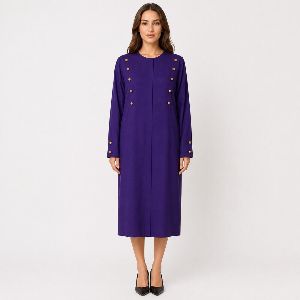Vintage Deep Purple Rayon Linen Midi Dress Military-Inspired Shift Dress M -